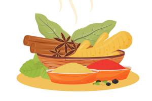 Indian drink condiments cartoon vector illustration. Traditional beverage flavourings in wooden bowls flat color object. Tea additives, hot drink ingredients isolated on white background