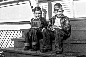 Jerry Hilson (left) with his childhood friend, David Peterson, in West Seattle in 1945. They rekindled their friendship with a lunch meeting Wednesday after 75 years without seeing one another. (Contributed photo)
