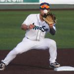 Aquasoxs Kaden Polcovich keeps an eye on the ball and makes a double play as the Everett Aquasox beat the Tri-City Dust Devils in a home opening game at Funko Field on Tuesday, May 11, 2021 in Everett, Washington. (Andy Bronson / The Herald)