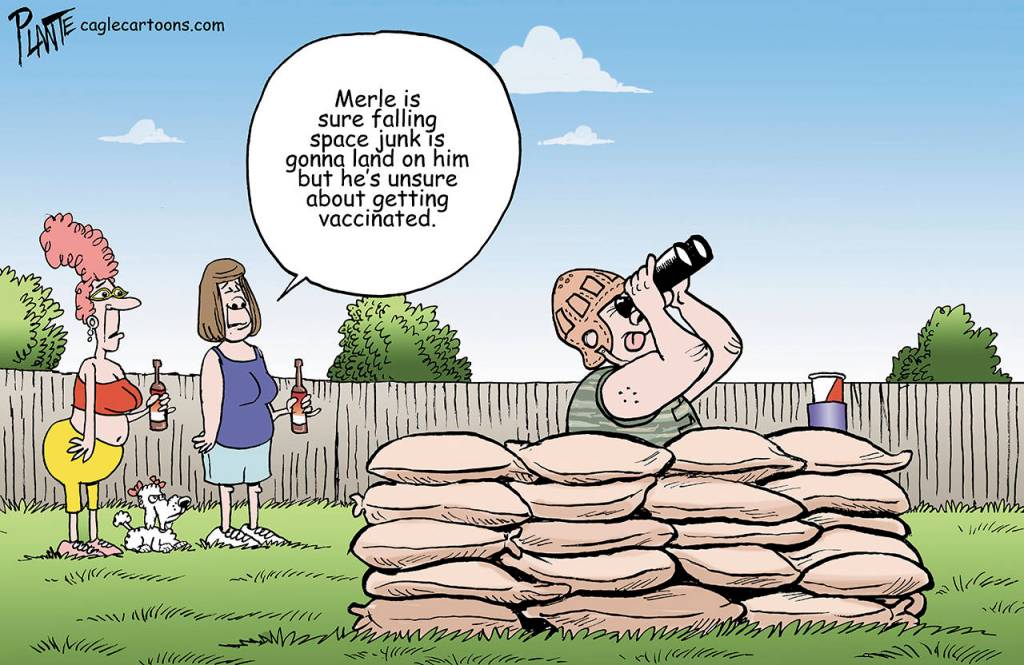 Falling space junk and vaccines, coronavirus, pandemic, covid-19, Merle, vaccine hesitancy, herd immunity, fools, Chinese out-of-control rockets, Bruce Plante cartoon