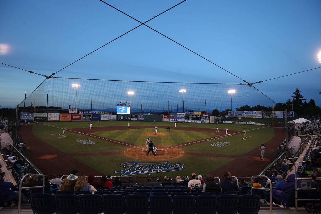 The Everett Aquasox beat the Tri-City Dust Devils in their opening home game at Funko Field on May 11, 2021, in Everett. (Andy Bronson / The Herald)
