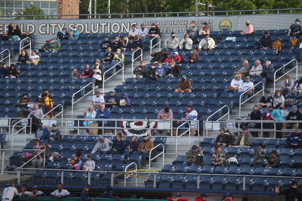 The Everett Aquasox beat the Tri-City Dust Devils in their opening home game at Funko Field on May 11, 2021, in Everett. (Andy Bronson / The Herald)
