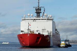 FILE - In this Nov. 30, 2018, file photo tugboats help the U.S. Coast Guard Cutter Healy icebreaker into her homeport of Seattle, as a Washington state ferry passes in the background following a four-month deployment to the Arctic Ocean. The U.S. Coast Guard is proposing a renovation and expansion of its Seattle waterfront base that during the next decade will be home to three new icebreakers, and probably other vessels. (AP Photo/Ted S. Warre, File)