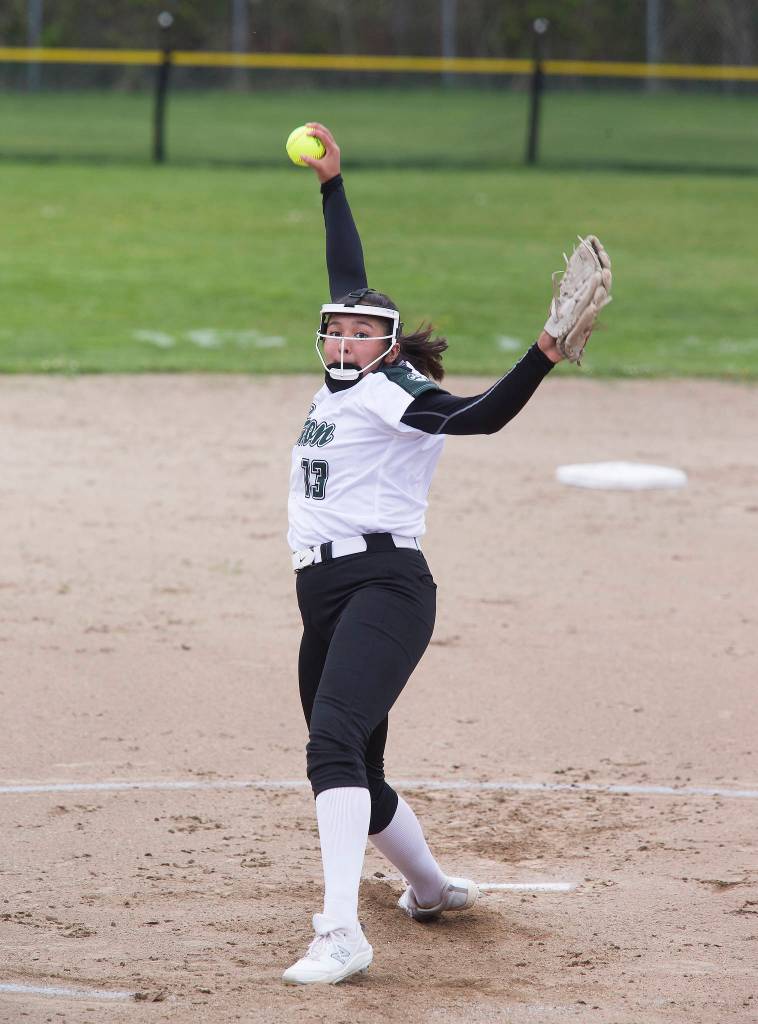 Jacksons Yanina Sherwood winds up for a pitch during a game against Marysville Pilchuck on April 28 in Mill Creek. (Andy Bronson / The Herald)