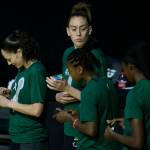 Seattle Storms Sue Bird looks at her championship ring during the ring ceremony before a game against the Las Vegas Aces on May 15, 2021, in Everett. (Olivia Vanni / The Herald)