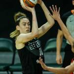 Seattle Storms Breanna Stewart makes a 3-point shot during a game against the Las Vegas Aces on May 15, 2021, in Everett. (Olivia Vanni / The Herald)
