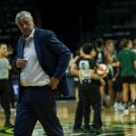 Las Vegas Aces head coach Bill Laimbeer takes off his microphone as he walks off the court after losing to the Seattle Storm 97-83 on May 15, 2021, in Everett. (Olivia Vanni / The Herald)