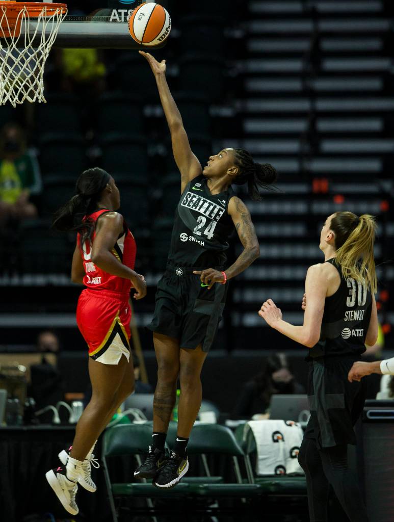 Seattle Storms Jewell Loyd makes a layup during a game against the Las Vegas Aces on May 15, 2021, in Everett. (Olivia Vanni / The Herald)