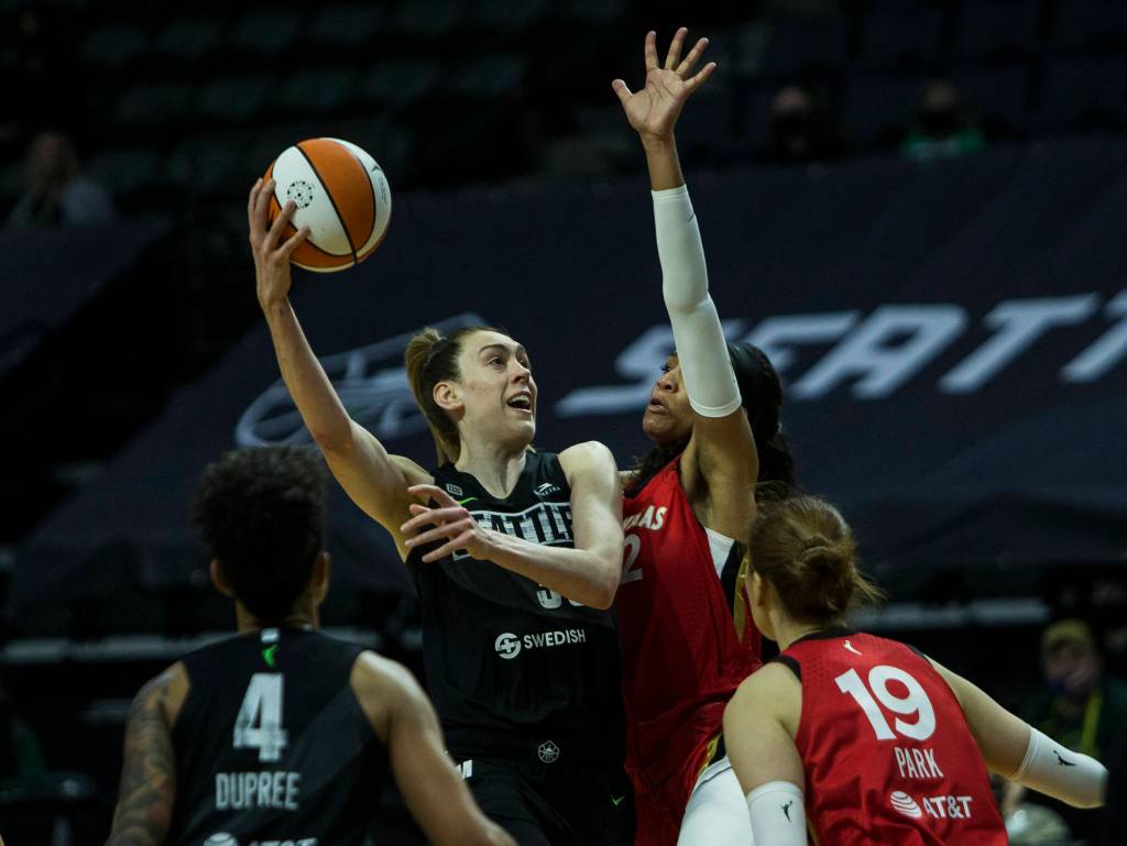 Seattle Storms Breanna Stewart drives to the hoop during a game against the Las Vegas Aces on May 15, 2021, in Everett. (Olivia Vanni / The Herald)