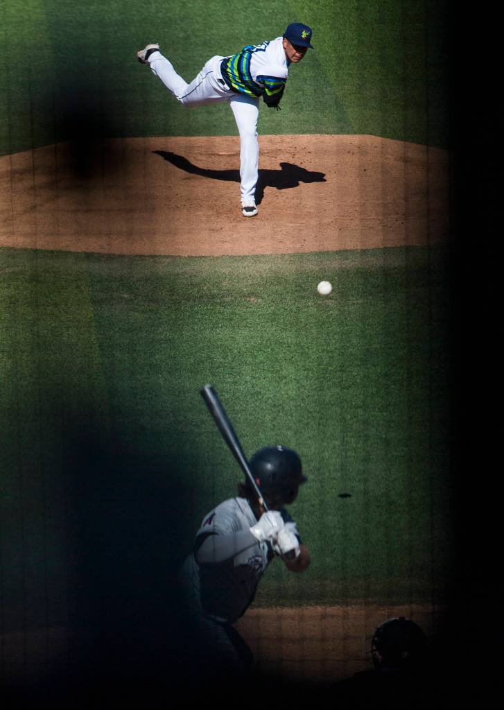 AquaSox Juan Then pitches during the game against the Dust Devils on Sunday, May 16, 2021 in Everett, Wash.