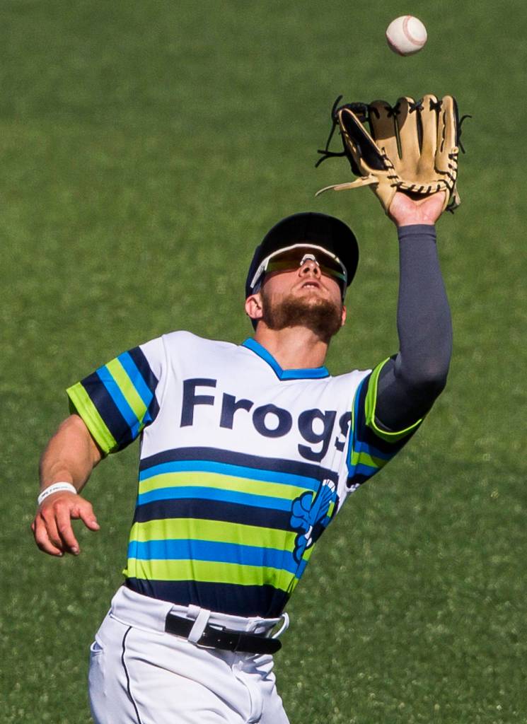 AquaSoxs Kaden Polcovich makes a catch during the game against the Dust Devils on Sunday, May 16, 2021 in Everett, Wash.