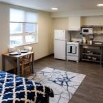One of the studio apartments at the new Compass Health 82-unit permanent supportive housing building in Everett. (Kevin Clark / The Herald)