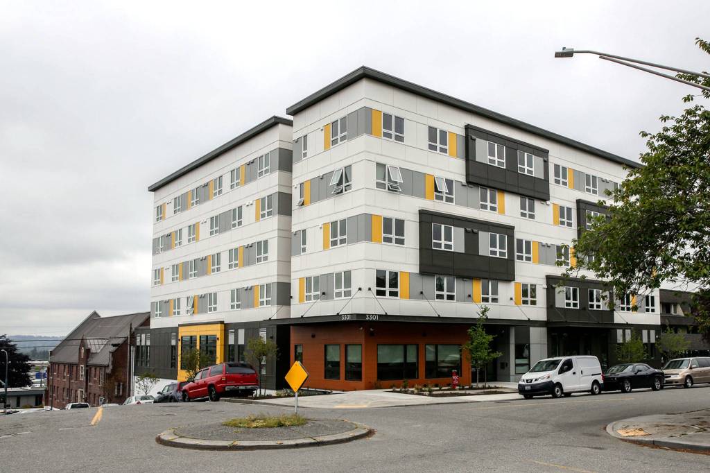 The new 82-unit permanent supportive housing building run by Compass Health in Everett. (Kevin Clark / The Herald)