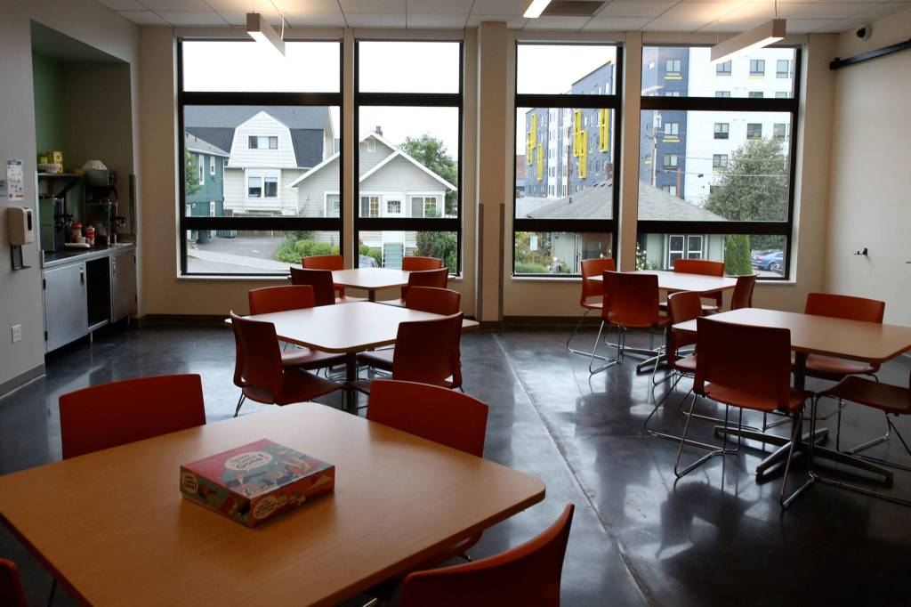 One the common areas at the new 82-unit permanent supportive housing building in Everett. (Kevin Clark / The Herald)