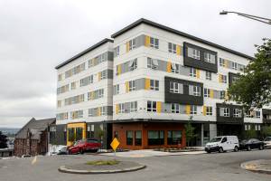 The new 82-unit permanent supportive housing building on May 21, 2021.  (Kevin Clark / The Herald)