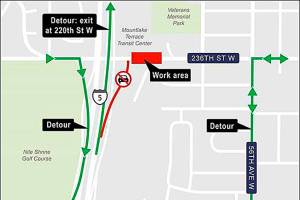 Late-night commuters who rely on a Mountlake Terrace exit from northbound I-5 will need to use a detour Thursday evening and Friday morning. Sound Transit light rail work is closing the off ramp. (Sound Transit)