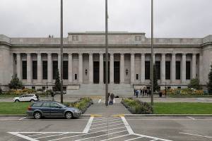 The Temple of Justice is shown Thursday, April 23, 2020, at the Capitol in Olympia, Wash., as Washington state Supreme Court justices hear oral arguments inside — but using remote video technology — in a case that addresses the safety of prison inmates during the coronavirus outbreak. Justices used remote video technology to conduct the court business and distance themselves from each other while broadcasting the arguments to viewers. During the hearing, lawmakers, law enforcement officials, and crime victims held a news conference to protest the release of some offenders. (AP Photo/Ted S. Warren)