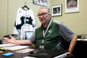 Silvertips general manager Garry Davidson in his office at Angel of the Winds Arena on Thursday, Sept. 12, 2019 in Everett, Wash. (Olivia Vanni / The Herald)