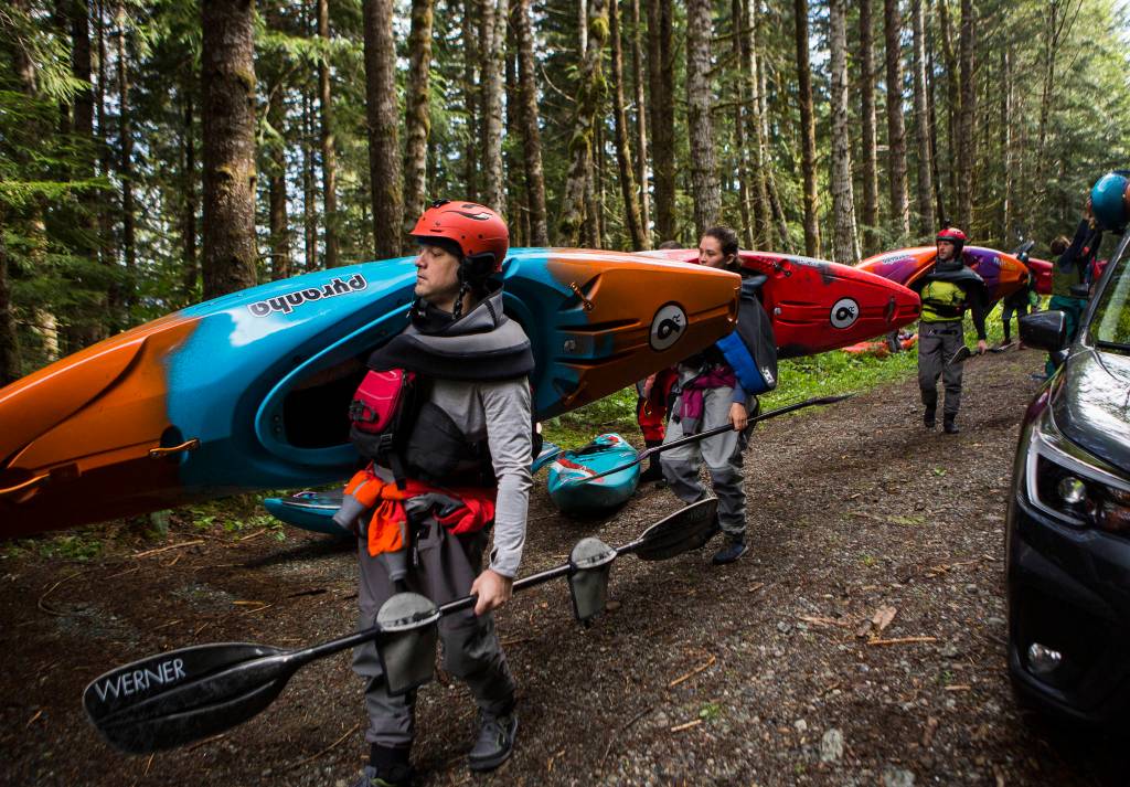 Kayakers prepare to hike down to the Sultan River to put in. (Olivia Vanni / The Herald)