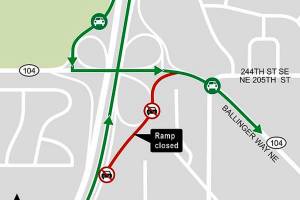 A map of the detour for eastbound Highway 104 drivers from I-5 in the coming weeks during Sound Transit light rail work. (Sound Transit)