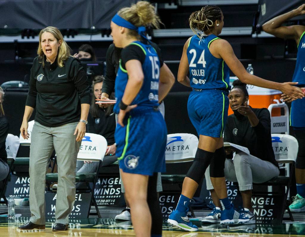 Minnestoa Lynx head coach Cheryl Reeve yells at her team to defend during the game on Friday, May 28, 2021 in Everett, Wash. (Olivia Vanni / The Herald)