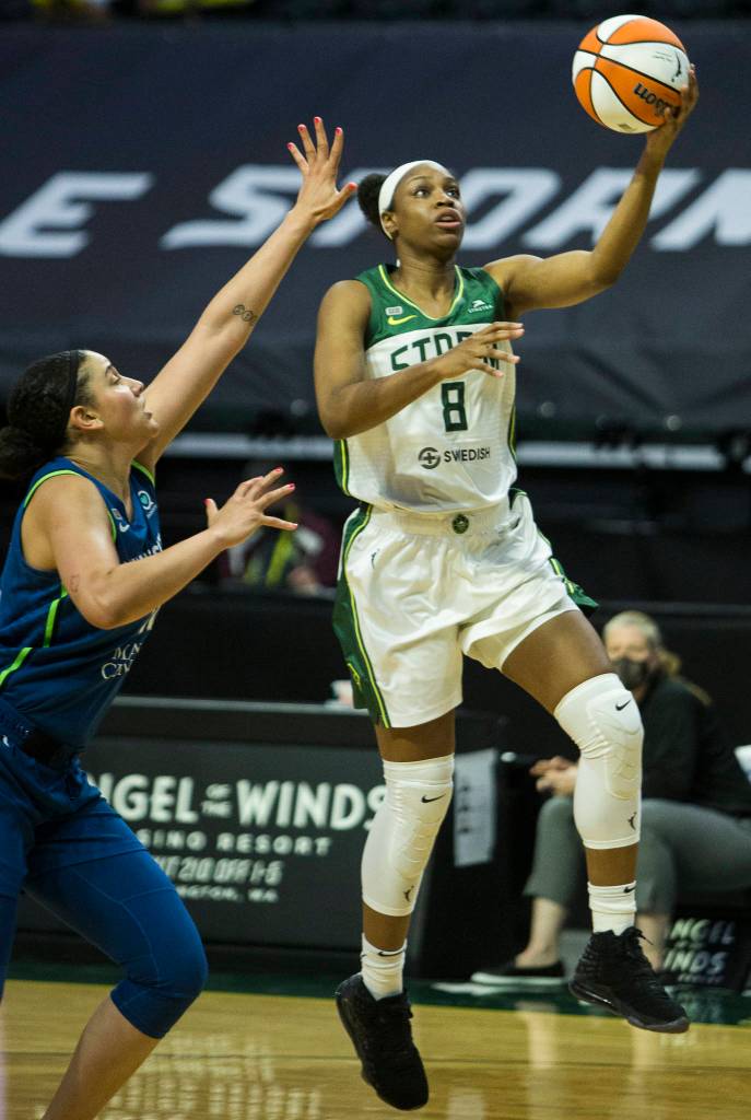 Seattle Storms Kennedy Burke makes a layup during the game against Minnesota on Friday, May 28, 2021 in Everett, Wash. (Olivia Vanni / The Herald)