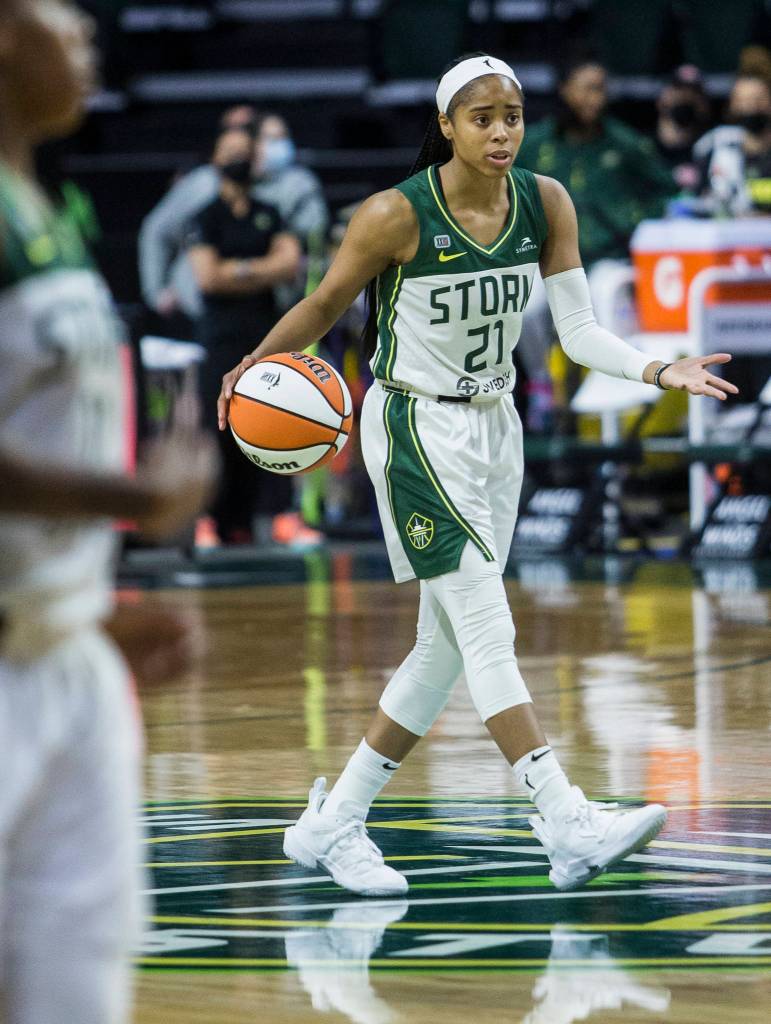 Seattle Storms Jordin Canada signals a play call during the game against Minnesota on Friday, May 28, 2021 in Everett, Wash. (Olivia Vanni / The Herald)