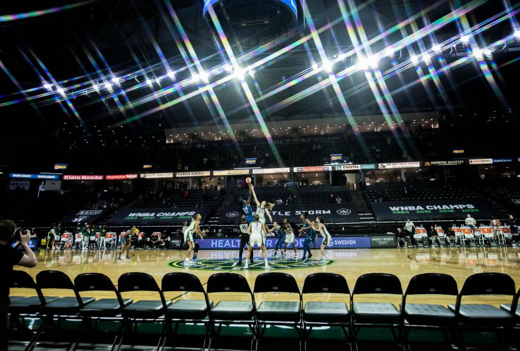 Seattle Storm and the Minnesota Lynx tip off on Friday, May 28, 2021 in Everett, Wash. (Olivia Vanni / The Herald)