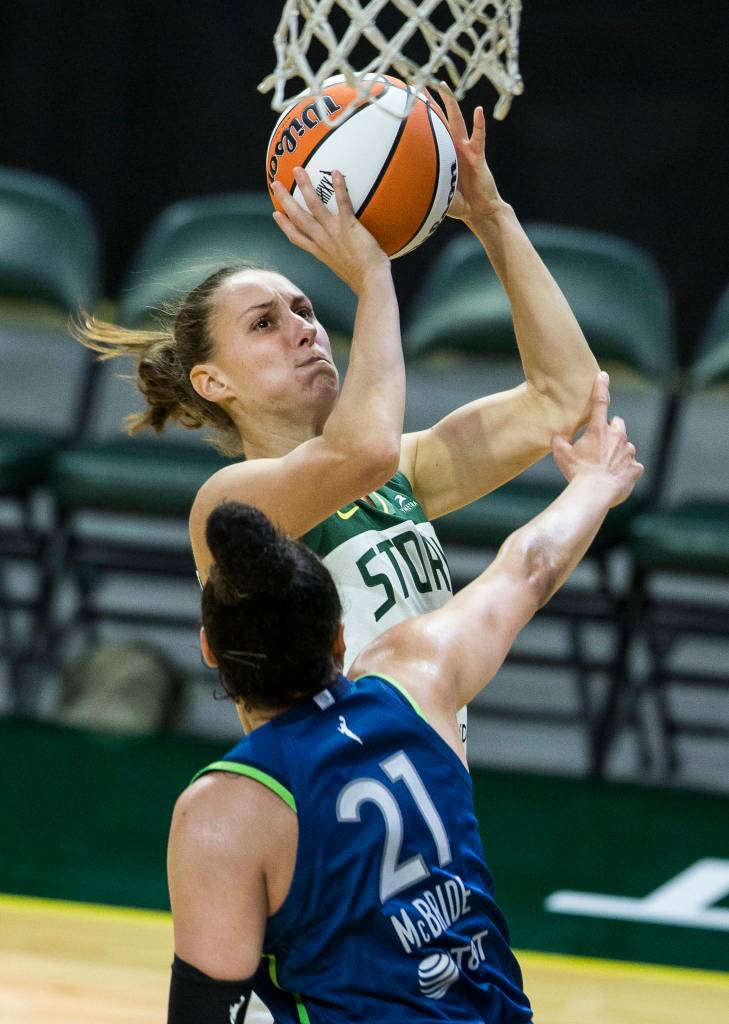 Seattle Storms Stephanie Talbot makes a layup during the game against Minnesota on Friday, May 28, 2021 in Everett, Wash. (Olivia Vanni / The Herald)