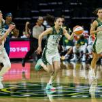 Seattle Storms Sue Bird breaks away after stealing the ball during the game against Minnesota on Friday, May 28, 2021 in Everett, Wash. (Olivia Vanni / The Herald)