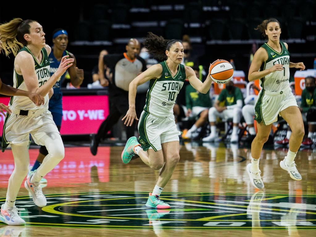 Seattle Storms Sue Bird breaks away after stealing the ball during the game against Minnesota on Friday, May 28, 2021 in Everett, Wash. (Olivia Vanni / The Herald)