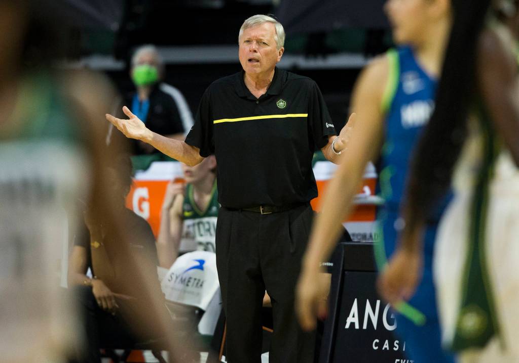 Seattle Storm head coach Dan Huges reacts to a foul call during the game against Minnesota on Friday, May 28, 2021 in Everett, Wash. (Olivia Vanni / The Herald)
