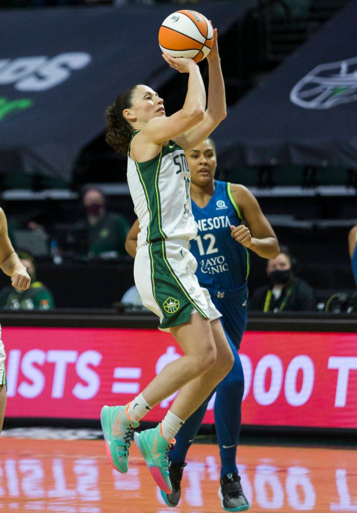 Seattle Storms Sue Bird makes a jump shot during the game against Minnesota on Friday, May 28, 2021 in Everett, Wash. (Olivia Vanni / The Herald)