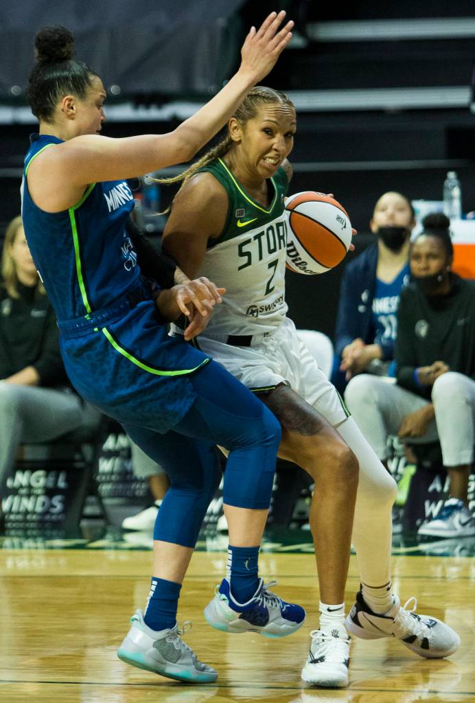 Seattle Storms Mercedes Russell drives to the hoop during the game against Minnesota on Friday, May 28, 2021 in Everett, Wash. (Olivia Vanni / The Herald)