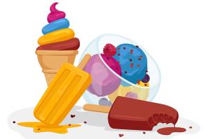 Ice Cream Various Types. Sweet Dessert Balls in Glass Cup, Sundae Scoop Balls with Sprinkles, Chocolate Popsicle, Fruit Frozen Meal on Stick, Waffle Cone Icecream Dessert. Cartoon Vector Illustration