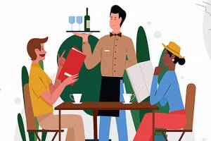 People in cafe flat vector illustration. Cartoon friend or couple characters sitting at tables, dining and talking, ordering dinner food from waiter in restaurant cafeteria interior isolated on white