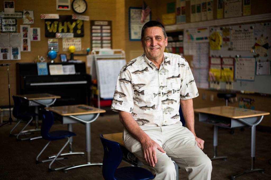 Jeff Thoreson in his second-grade classroom at Riverview Elementary School in Snohomish. (Olivia Vanni / The Herald)