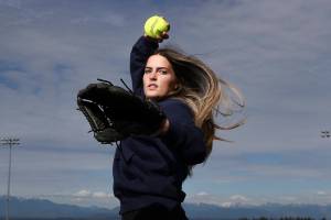 Glacier Peak High pitcher Makayla Miller on Monday, May 31, 2021 in Everett, Washington.  (Andy Bronson / The Herald)