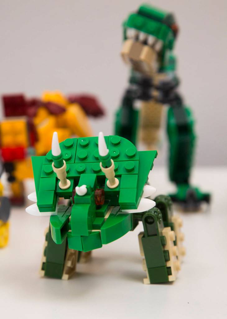 In addition to dinosaurs, Sathvik Anand also loves Legos, which he used to make models of a Triceratops and a Tyrannosaurus Rex. (Andy Bronson / The Herald)