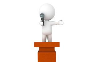 3D Character standing on top of a lectern and speaking on microphone. Isolated on white.
