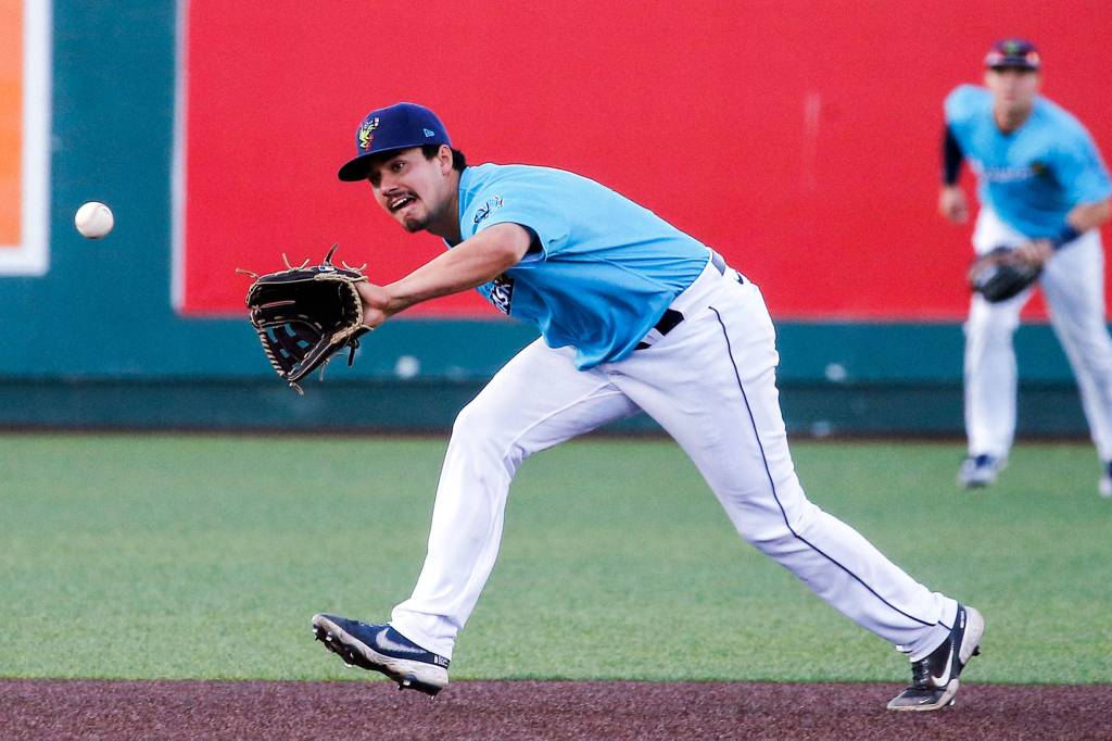The AquaSoxs Austin Shenton fields a grounder during a game against the Hops on Thursday evening at Funko Field in Everett. (Kevin Clark / The Herald)