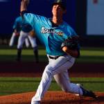 The AquaSoxs Emerson Hancock throws a pitch during a game against the Hops on Thursday evening at Funko Field in Everett. (Kevin Clark / The Herald)
