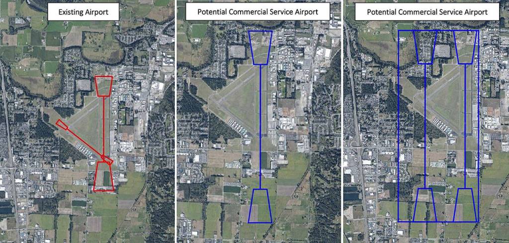 Diagrams of Arlington Municipal Airport, in a study by the Puget Sound Regional Council, show the present runway configuration and two possible options for expansion. (Puget Sound Regional Council)