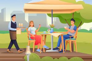 Couple sitting in summer cafe outdoor scene. Restaurant outside with table under umbrella vector illustration. Young man and woman eating and drinking, waiter coming with drinks.