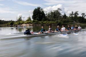 Everett Rowing Association's women's 8+ boat practices their starts on Friday, June 4, 2021 in Everett, Wash. (Olivia Vanni / The Herald)