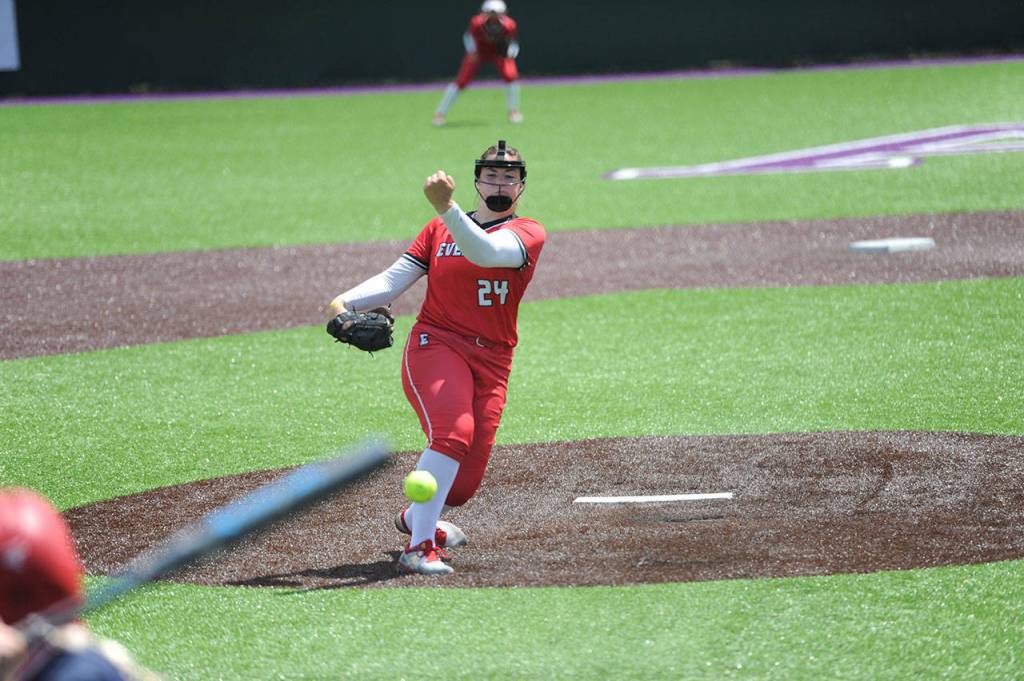 Everett Community Colleges Kaylie Hoskins, a Lake Stevens High School graduate, fires a pitch during the Trojans 9-5 victory over Skagit Valley on May 31 in Anacortes. (Daniel Acosta / Everett Community College)