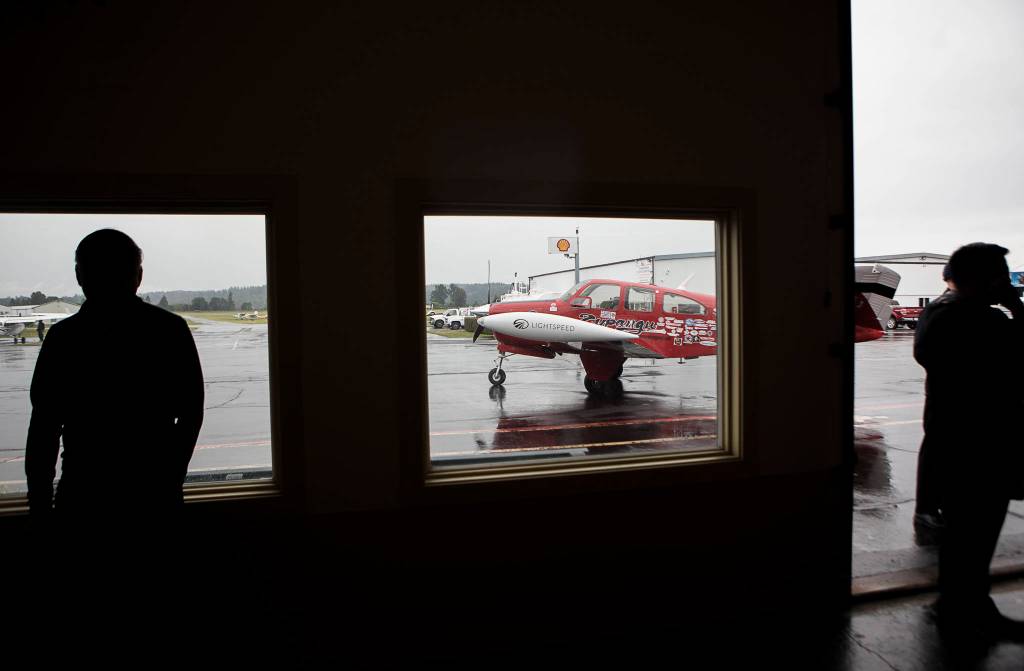 People welcome Shinji Maeda home at Harvey Airfield on Friday in Snohomish. (Olivia Vanni / The Herald)