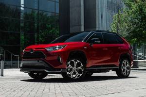 The 2021 Toyota RAV4 Prime in XSE trim with two-tone black and Supersonic Red paint. (Manufacturer photo)