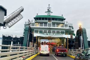The passenger loading ramp is nearing completion at the new Mukilteo ferry terminal. (Andrea Brown / The Herald) Feb. 4, 2021