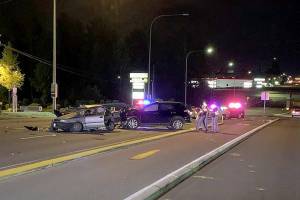 A Seattle woman died Monday night after a suspected DUI crash in which she was a passenger of the car that crossed into oncoming traffic on Highway 99 near Highway 525 in Lynnwood. (Washington State Patrol)